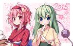  alternate_costume alternate_hair_length alternate_hairstyle blue_eyes cherry_blossoms eating floral_print food hairband heart japanese_clothes kagami_mochi kimono komeiji_koishi komeiji_satori long_hair mochi mochi_trail multiple_girls new_year obi ominaeshi_(takenoko) pink_eyes pink_hair sash siblings silver_hair sisters smile third_eye touhou 