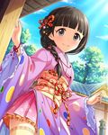  architecture artist_request blush braid brown_hair cloud day dutch_angle east_asian_architecture from_below hair_over_shoulder idolmaster idolmaster_cinderella_girls japanese_clothes jpeg_artifacts kimono official_art sky smile solo source_request stone_lantern thighhighs tree ujiie_mutsumi 