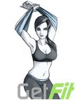  armpits arms_up black_hair breasts cleavage cowboy_shot grey_eyes highres large_breasts lips long_hair low_ponytail midriff navel ponytail r3dfive solo spandex sports_bra sweat transparent_background undressing white_skin wii_fit wii_fit_trainer 