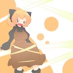  blonde_hair bow dress hair_bow hiyori_(higanahannnti) kurodani_yamame open_mouth ponytail ribbon short_hair sitting smile solo touhou yellow_eyes 