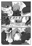  2girls chitose_(kantai_collection) comic eyepatch fangs greyscale headband kantai_collection kobamiso_(kobalt) long_hair monochrome multiple_girls short_hair tears tenryuu_(kantai_collection) translated 