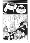  bell cake castella_(food) checkered cup flower food greyscale hair_bell hair_flower hair_ornament hieda_no_akyuu highres hirasaka_makoto japanese_clothes kimono monochrome motoori_kosuzu multiple_girls short_hair teacup touhou translated 