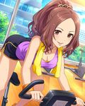  :d artist_request bangs bare_shoulders bent_over black_shorts blush breasts brown_eyes brown_hair cleavage dutch_angle exercise_bike hair_ornament high_ponytail idolmaster idolmaster_cinderella_girls looking_at_viewer medium_breasts no_legwear official_art open_mouth parted_bangs purple_shirt sawada_marina shirt shorts sleeveless smile solo sweat sweatband tank_top towel towel_around_neck tree window wristband 