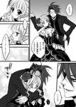  1girl beatrice black_battler blush closed_eyes hug hug_from_behind necktie short_hair smile sousui_hani translation_request umineko_no_naku_koro_ni ushiromiya_battler 