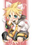  animal_ears aqua_eyes beamed_eighth_notes blonde_hair blush cat_ears cat_tail detached_sleeves headphones hekicha jpeg_artifacts kagamine_len licking male_focus musical_note necktie shorts solo tail tongue vocaloid yellow_neckwear 