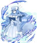  blue book bow crescent dress hat long_hair monochrome patchouli_knowledge potionu ribbon smile solo spell_card touhou 
