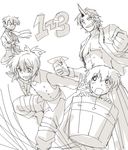  bucket genderswap genderswap_(ftm) greyscale grin horn hoshiguma_yuugi in_bucket in_container kisume kurodani_yamame male_focus mizuhashi_parsee monochrome multiple_boys rex_k sketch smile touhou 