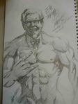  \m/ artist_request colonel_sanders glasses kfc korean male_focus manly monochrome muscle old_man sketch solo string_tie translated what 