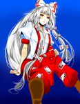  bad_id bad_pixiv_id bow breasts crossed_legs foreshortening fujiwara_no_mokou gyarandu_chirige hair_bow hair_ribbon highres large_breasts long_hair pants red_eyes ribbon shirt shoes short_sleeves silver_hair simple_background sitting solo suspenders touhou very_long_hair white_shirt 