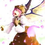  animal_ears closed_eyes hair_over_one_eye hand_on_own_chest hat holysnow music mystia_lorelei open_mouth petals pink_hair short_hair singing solo touhou wings 