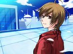  ahoge brown_eyes brown_hair cityscape day feathers looking_back meiko moon scenery short_hair sky smile solo sorata vocaloid 