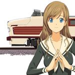  a1 blue_eyes brown_hair ground_vehicle hands jewelry locomotive long_hair maria-sama_ga_miteru necklace school_uniform smile solo steepled_fingers toudou_shimako train 