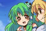  2girls alice_margatroid alice_margatroid_(pc-98) aoi_tobira face green_hair kochiya_sanae multiple_girls parody smile tengen_toppa_gurren_lagann touhou touhou_(pc-98) 