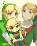  black_eyes blonde_hair blue_eyes earrings gloves hat hug jewelry link lowres male_focus multiple_boys multiple_persona muse_(rainforest) musical_note pointy_ears super_smash_bros. the_legend_of_zelda the_legend_of_zelda:_ocarina_of_time the_legend_of_zelda:_the_wind_waker the_legend_of_zelda:_twilight_princess toon_link 