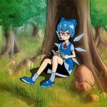  against_tree artist_request bespectacled blue_hair book cirno day forest glasses grass nature non-web_source outdoors reading ribbon short_hair solo touhou tree wings 