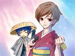  1girl blue_hair brown_eyes brown_hair hat japanese_clothes kaito kimono meiko microphone sandogasa short_hair smile sorata vocaloid 