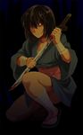  bandages barefoot black_hair blood fujiwara_no_mokou fujiwara_no_mokou_(young) hair_over_one_eye japanese_clothes legs multiple_girls night red_eyes rex_k sandals sarashi short_hair sword touhou weapon wide_sleeves younger 