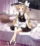 bad_id bad_pixiv_id bamboo_broom bed blonde_hair book border braid broom brown_eyes buttons crossed_legs dress hair_ribbon hand_behind_head hat kirisame_marisa open_book parody ribbon shoes sitting smile socks solo star style_parody subachi touhou window witch_hat 