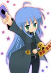  ahoge amaa_(chou_dennou_jidai) belt blue_hair cosplay duel_disk izumi_konata long_hair lucky_star mutou_yuugi mutou_yuugi_(cosplay) parody solo yuu-gi-ou yuu-gi-ou_duel_monsters 