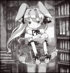  animal_ears bare_shoulders book breasts bunny_ears choker cleavage detached_sleeves di_gi_charat dice dress greyscale hair_ornament hair_ribbon heart library long_hair medium_breasts monochrome ribbon skirt solo usada_hikaru wristband zakone 