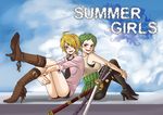  blonde_hair blue_eyes boots earrings genderswap genderswap_(mtf) green_hair haramaki high_heels jewelry katana multiple_girls necktie one_piece red_eyes roronoa_zoro sanji shirt shoes short_hair sword v-ko_(vickywa) weapon 