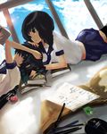  black_hair black_rock_shooter black_rock_shooter_(character) blue_eyes book cloud day dead_master green_eyes kuroi_mato lying multiple_girls on_stomach paper scarf school_uniform serafuku short_hair skirt sky takanashi_yomi thighhighs uni_(nacchan) zettai_ryouiki 