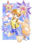  aoc_cannon brown_hair denim denim_shorts gen_1_pokemon goldeen green_eyes holding holding_poke_ball horsea kasumi_(pokemon) poke_ball poke_ball_(generic) pokemon pokemon_(anime) pokemon_(classic_anime) pokemon_(creature) psyduck shoes short_hair shorts side_ponytail sneakers starmie staryu suspenders 