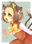  1girl alternate_hairstyle animal_ears cat_ears cat_tail chen drooling earrings forehead hat jewelry mata multiple_tails ribbon shiny short_hair solo tail topknot touhou 