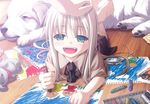  animal aqua_eyes barefoot blonde_hair blush child child_drawing crayon dog drawing fang floor hand_on_another's_head hands karia0424 long_hair lying oekaki_musume on_stomach open_mouth original paws petting solo_focus stuffed_animal stuffed_toy 