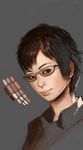  black_shirt brown_eyes brown_hair color_guide copyright_request glasses grey_background hirooka_masaki portrait realistic shirt short_hair simple_background solo 