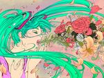  aqua_hair closed_eyes flower green_nails hatsune_miku joanna_krotka long_hair nail_polish open_mouth petals rose solo twintails very_long_hair vocaloid 