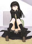  amagami ayatsuji_tsukasa between_legs black_hair black_jacket black_legwear blush convenient_arm covering covering_crotch embarrassed jacket kibito_high_school_uniform kneehighs legs long_hair long_sleeves sakamoto_mineji school_uniform sitting socks solo 