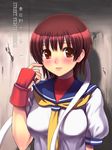  bad_id bad_pixiv_id blue_sailor_collar blush breasts brown_eyes brown_hair enomoto_hidehira headband kasugano_sakura large_breasts lips sailor_collar school_uniform serafuku short_hair solo street_fighter 