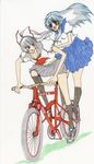  alternate_hairstyle bad_id bad_pixiv_id bicycle contemporary fujiwara_no_mokou grey_hair ground_vehicle happy highres kamishirasawa_keine kneehighs long_hair looking_back marker_(medium) multicolored_hair multiple_girls nene_(artist) ponytail school_uniform serafuku shoes skirt socks touhou traditional_media 