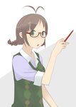  akizuki_ritsuko antenna_hair argyle argyle_sweater_vest bad_id bad_pixiv_id braid breasts brown_hair college_of_angel_(idolmaster) glasses green_eyes idolmaster idolmaster_(classic) katakura_supipi open_mouth pencil short_hair small_breasts solo sweater_vest twin_braids twintails vest 