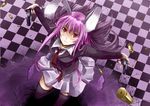  animal_ears blazer blush bullet bunny_ears checkered checkered_floor dual_wielding foreshortening from_above gun holding jacket long_hair necktie purple_hair red_eyes red_neckwear reisen_udongein_inaba shell_casing sinzire skirt solo thighhighs touhou weapon zettai_ryouiki 