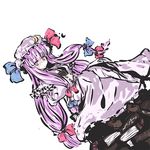  bow dress dutch_angle ekusutoy hair_bow hat long_hair looking_at_viewer mob_cap multi-tied_hair patchouli_knowledge purple_dress simple_background solo touhou very_long_hair white_background 