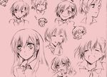  bad_id bad_pixiv_id blush bow chibi closed_eyes expressions female_protagonist_(persona_3) hair_ornament hairclip ichimatsu_shiro monochrome persona persona_3 persona_3_portable pink pink_background pout school_uniform short_hair sketch smile tears 