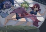  2girls bad_id bad_pixiv_id bed blanket blindfold book droite_(tales) gauche_(tales) green_hair lingerie multiple_girls name_john pillow red_hair sleeping tales_of_(series) tales_of_vesperia underwear yeager_(tales) 