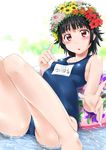  barefoot black_hair blush daisy flower hair_flower hair_ornament hands head_wreath hibiscus imao_kiiru innertube name_tag one-piece_swimsuit poking red_eyes school_swimsuit solo sunflower swimsuit to_aru_kagaku_no_railgun to_aru_majutsu_no_index uiharu_kazari water 