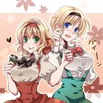  2girls axis_powers_hetalia bad_id bad_pixiv_id belgium_(hetalia) black_hairband blonde_hair blue_eyes bow breasts chocolate flower green_eyes hairband heart large_breasts multiple_girls red_hairband short_hair ukraine_(hetalia) 