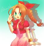  aerith_gainsborough bracelet brown_hair dress female final_fantasy final_fantasy_vii gradient gradient_background green_eyes jacket jewelry long_hair mocho open_mouth ponytail red_ribbon ribbon solo 