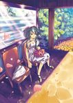  blue_eyes blue_hair bouquet copyright_request flower petals sad solo tears teddy_(khanshin) 