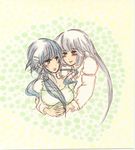  alternate_hairstyle blue_hair fujiwara_no_mokou hair_ornament hairclip happy hug kamishirasawa_keine marker_(medium) multiple_girls nene_(artist) ponytail smile touhou traditional_media white_hair yuri 