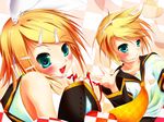  1girl aqua_eyes blonde_hair blush brother_and_sister hair_ornament hair_ribbon hairclip headphones headset kagamine_len kagamine_rin nironiro red_string ribbon short_hair siblings smile string twins vocaloid 