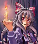  bow cigarette fire fujiwara_no_mokou hair_bow hair_ribbon hands long_hair middle_finger red_eyes ribbon seiryouinryousui silver_hair solo suspenders touhou 