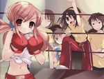  3girls absurdres asahina_mikuru boxing_gloves brown_eyes brown_hair height_difference highres itou_noiji koizumi_itsuki kyon midriff multiple_boys multiple_girls nagato_yuki navel shirt sportswear suzumiya_haruhi suzumiya_haruhi_no_yuuutsu tied_shirt 