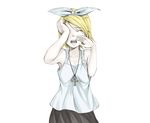  ankh bad_id bad_pixiv_id blonde_hair casual hair_ribbon hands kagamine_rin kyuu_umi open_mouth ribbon short_hair simple_background solo tears vocaloid 