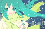  aqua_eyes aqua_hair bad_id bad_pixiv_id blush breadmocha green_scarf hatsune_miku long_hair scarf snow snowing solo twintails upper_body very_long_hair vocaloid winter winter_clothes 