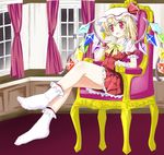  blonde_hair blush chair chin_rest fang feet flandre_scarlet full_body hat highres legs red_eyes short_hair side_ponytail sitting smile socks solo toni_(artist) touhou wings wrist_cuffs 